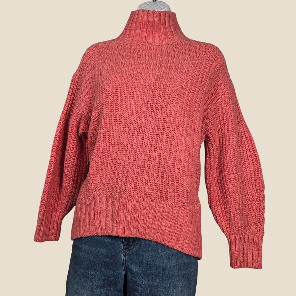 Maeve Women XS Turtleneck Chunky Knit Sweater Balloon Sleeve Ribbed Pink